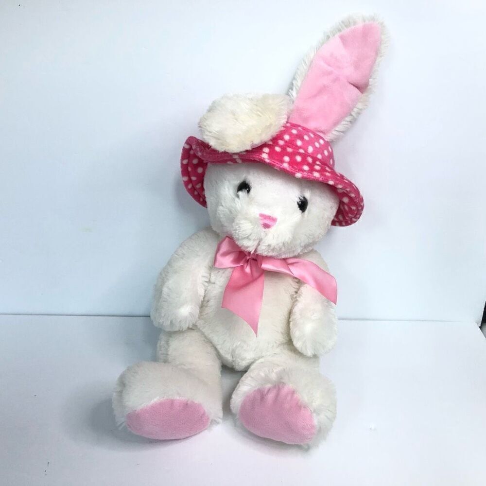 kellytoy stuffed white rabbit spring easter pink polka dot hat pink bow 18‎ inch